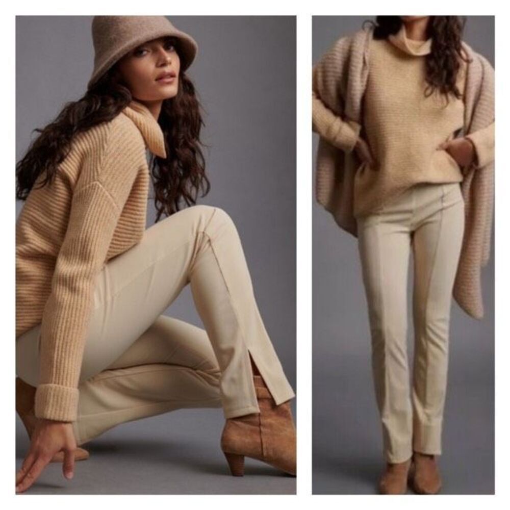 Anthropologie En Saison Women's Slim Fit Seamed Slit Hem Pants Beige Cream Large